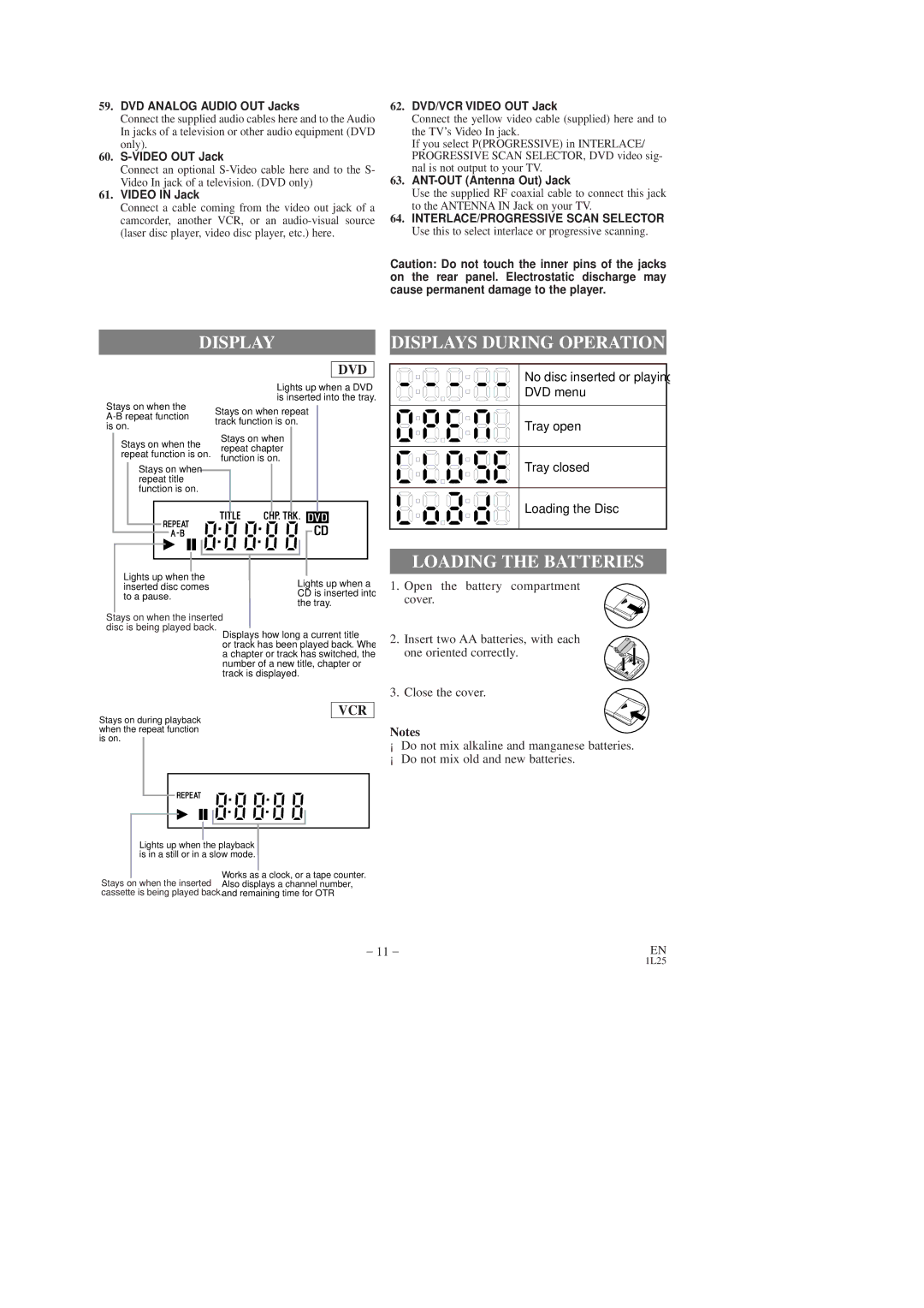 Sylvania CDVC80DP owner manual Displays During Operation, Loading the Batteries 