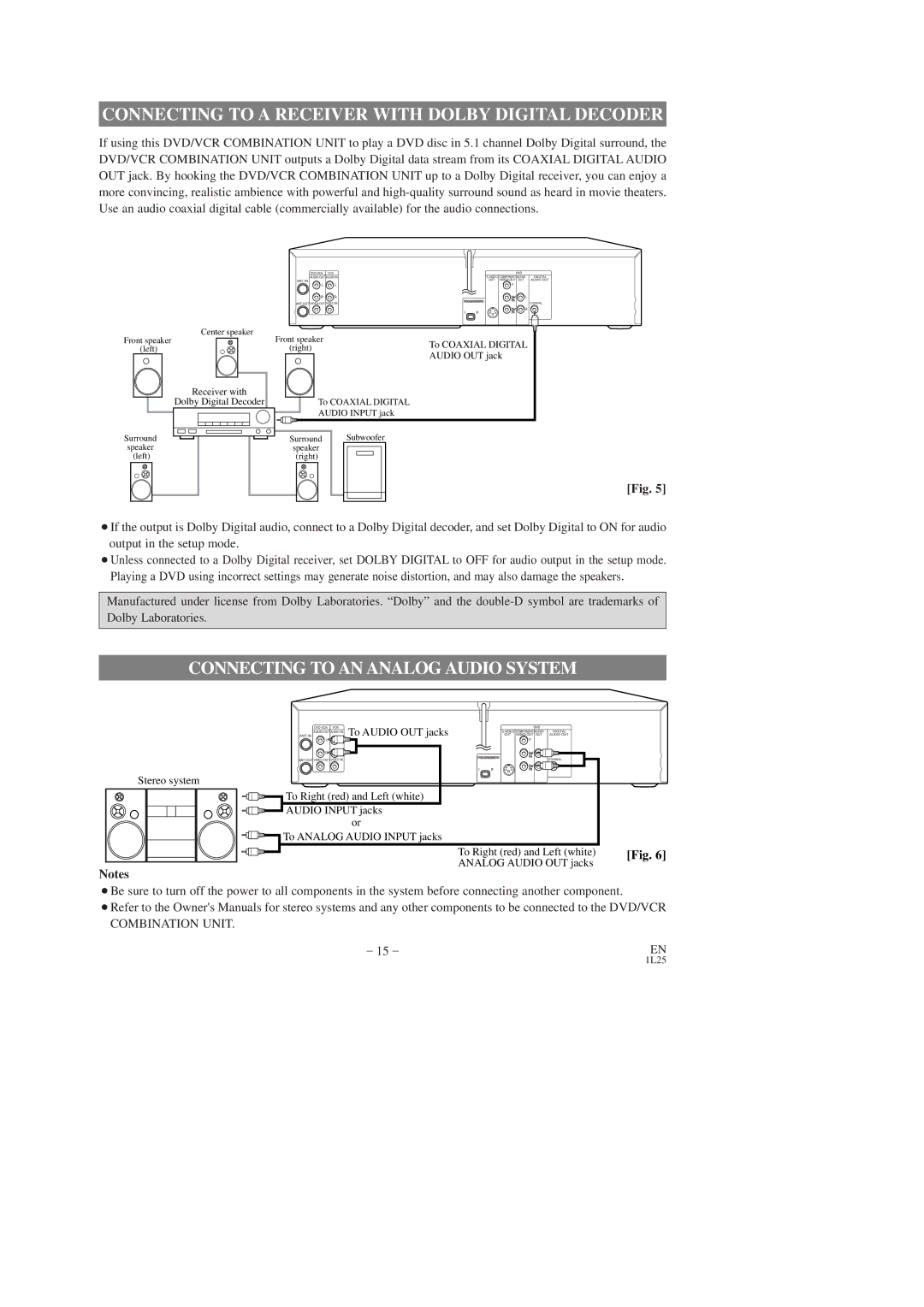 Sylvania CDVC80DP owner manual Connecting to a Receiver with Dolby Digital Decoder, Connecting to AN Analog Audio System 