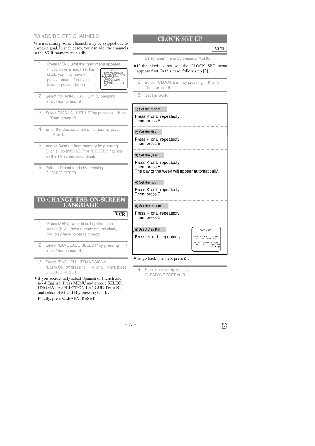 Sylvania CDVC80DP owner manual Clock SET UP, To Change the ON-SCREEN Language, To ADD/DELETE Channels 