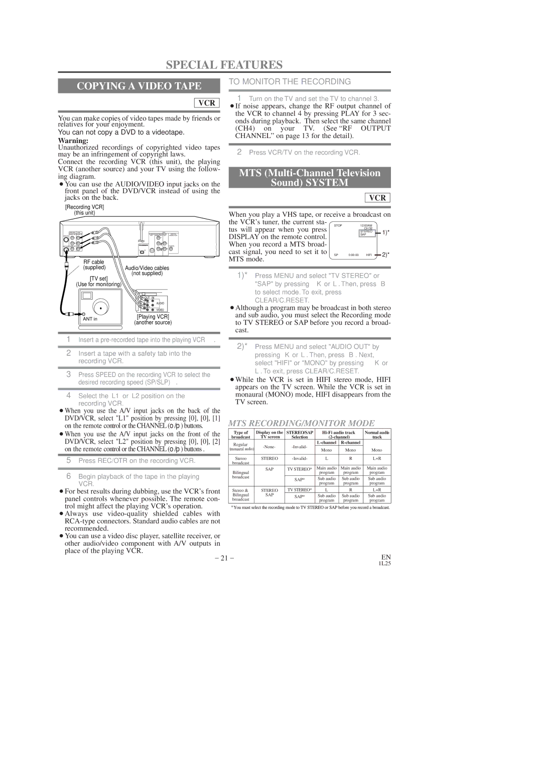 Sylvania CDVC80DP owner manual Copying a Video Tape, To Monitor the Recording, You can not copy a DVD to a videotape 