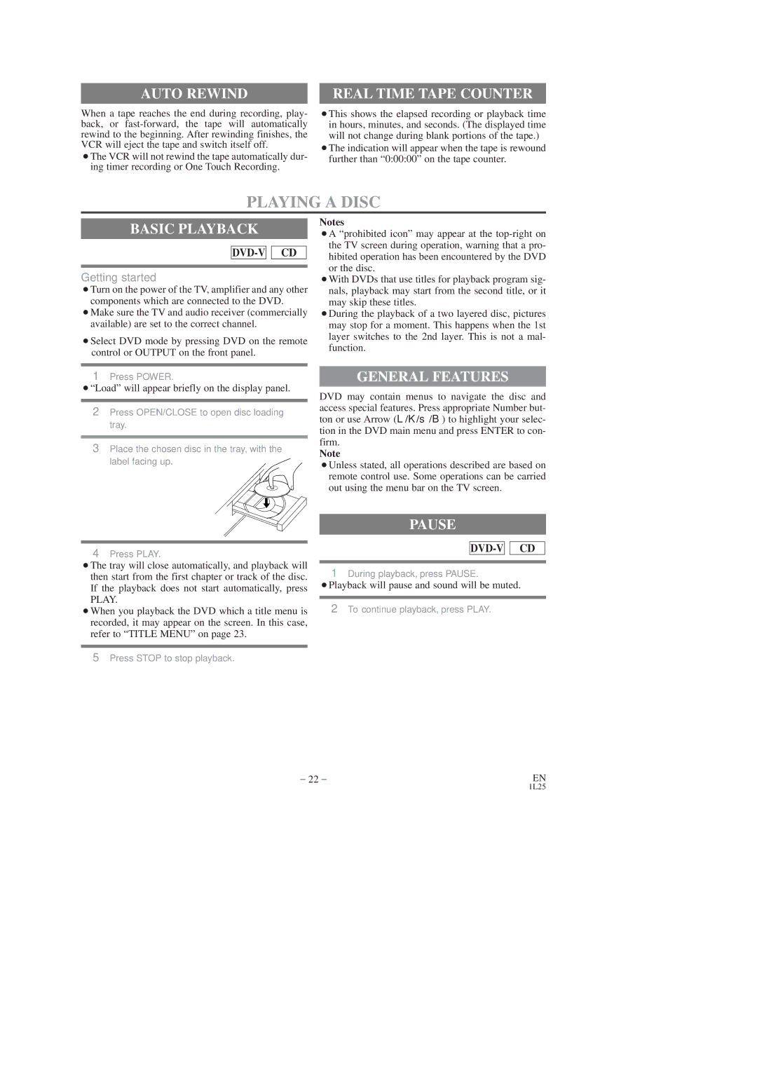 Sylvania CDVC80DP owner manual Playing a Disc, Auto Rewind, Basic Playback, General Features, Pause 