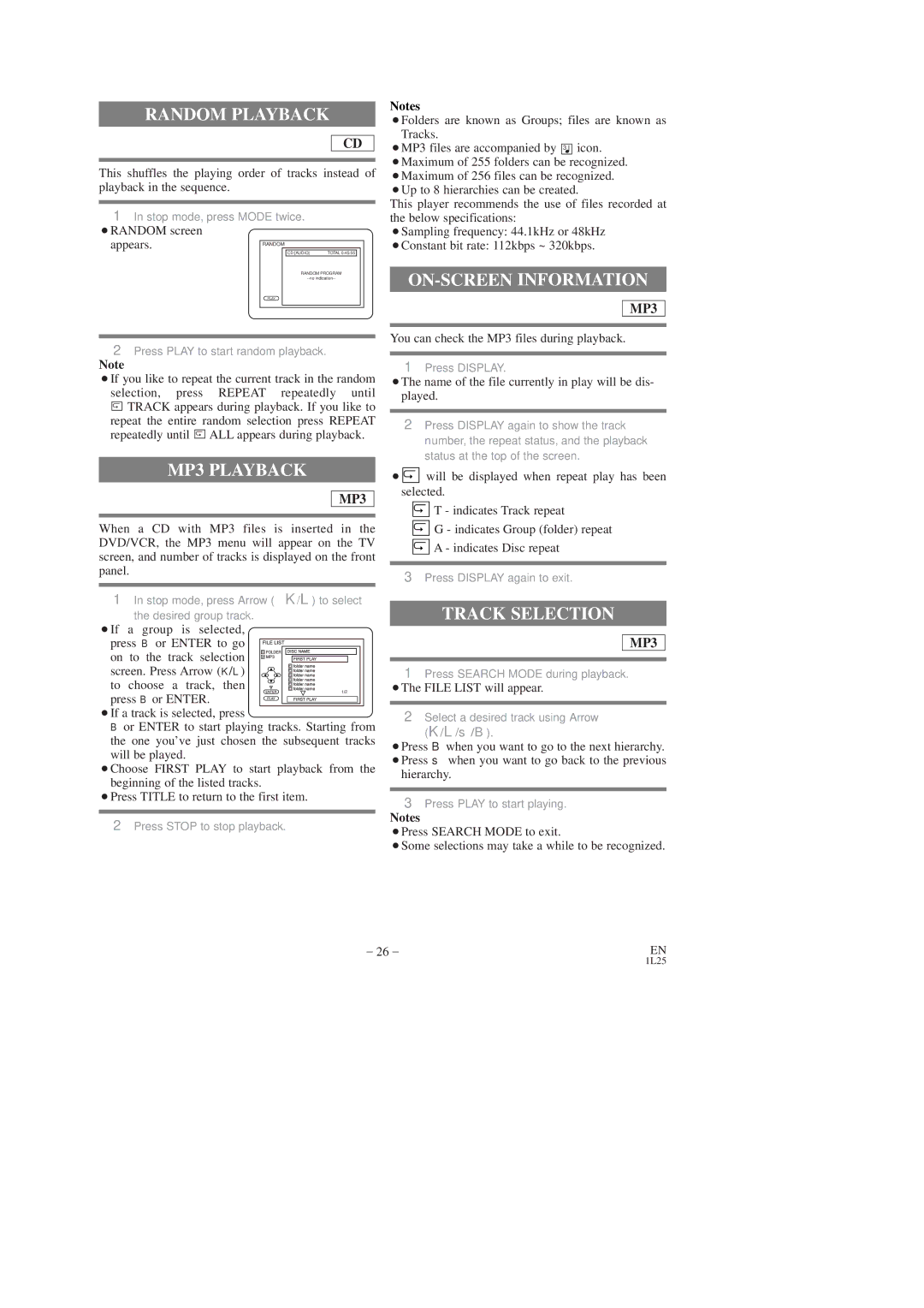 Sylvania CDVC80DP owner manual Random Playback, ON-SCREEN Information, Track Selection 