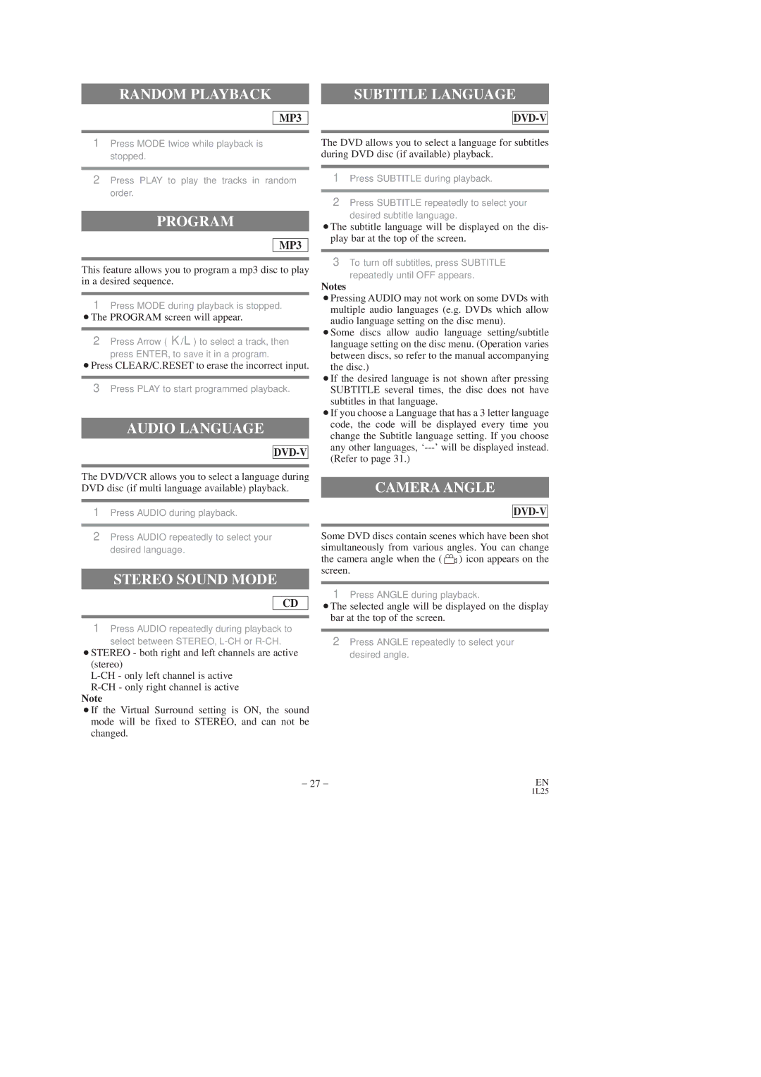 Sylvania CDVC80DP owner manual Subtitle Language, Audio Language, Stereo Sound Mode, Camera Angle 