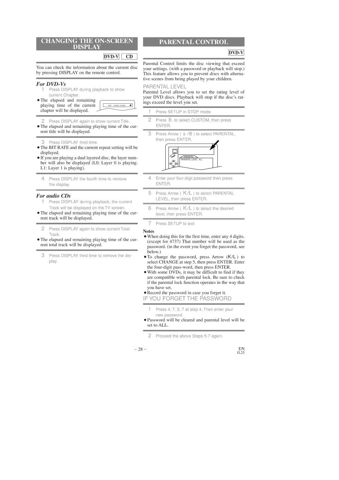 Sylvania CDVC80DP owner manual Changing the ON-SCREEN Display, Parental Control, Parental Level 