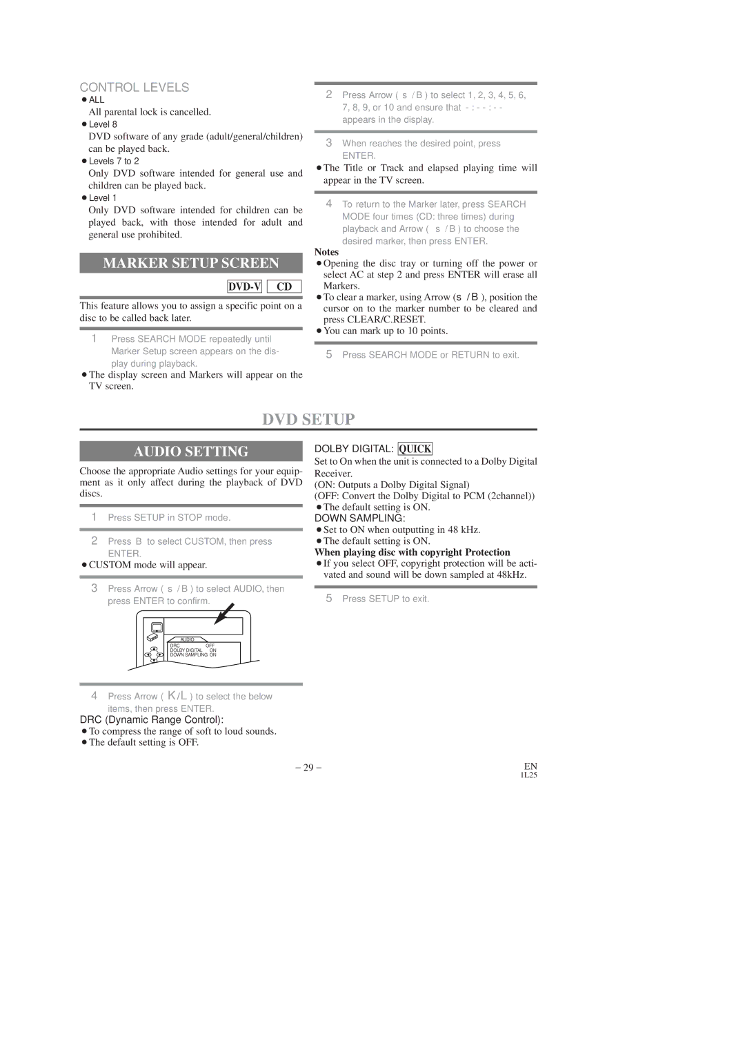 Sylvania CDVC80DP DVD Setup, Marker Setup Screen, Audio Setting, All parental lock is cancelled, ¡CUSTOM mode will appear 