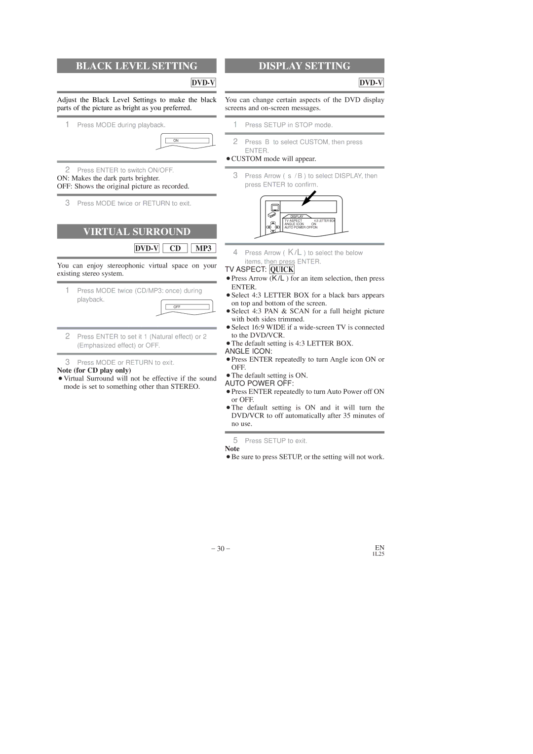 Sylvania CDVC80DP owner manual Black Level Setting, Display Setting, Virtual Surround 