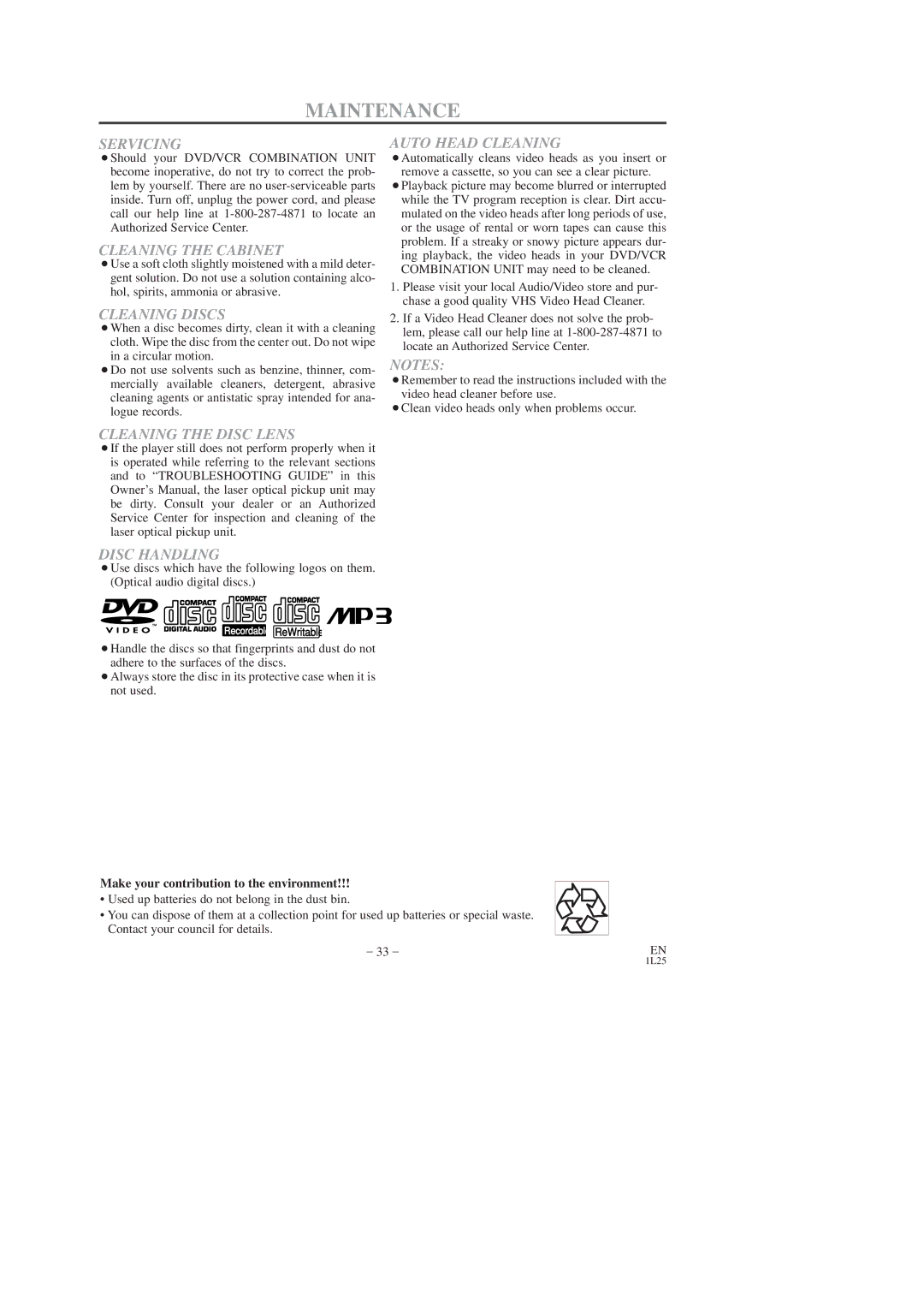 Sylvania CDVC80DP owner manual Maintenance, Servicing 