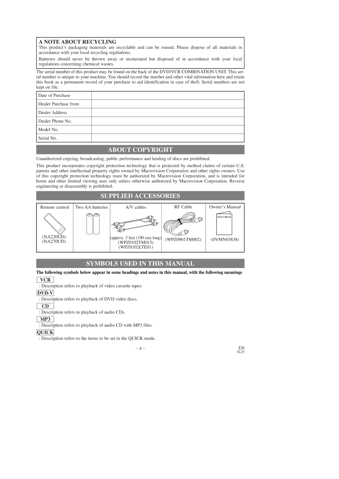 Sylvania CDVC80DP owner manual About Copyright, Supplied Accessories, Symbols Used in this Manual 