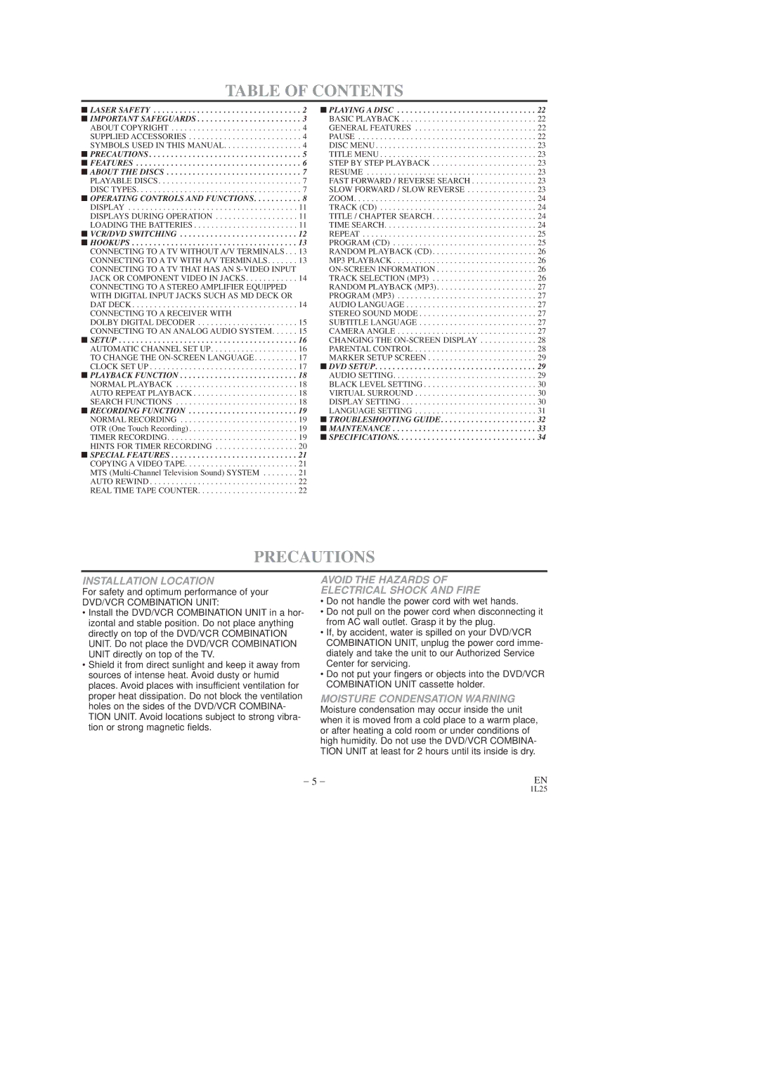 Sylvania CDVC80DP owner manual Table of Contents, Precautions 