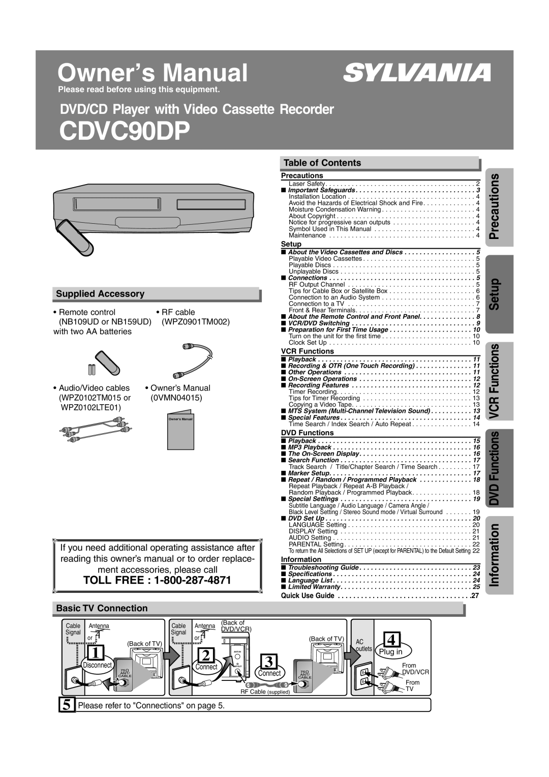 Sylvania CDVC90DP owner manual Supplied Accessory, Table of Contents, Basic TV Connection 