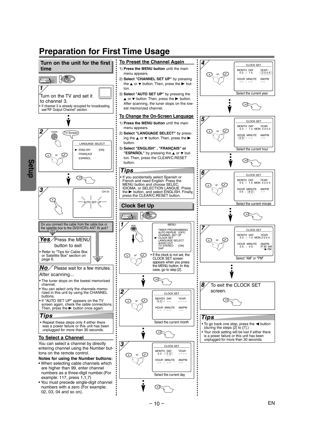 Sylvania CDVC90DP owner manual Preparation for First Time Usage, Turn on the unit for the first time, Clock Set Up 