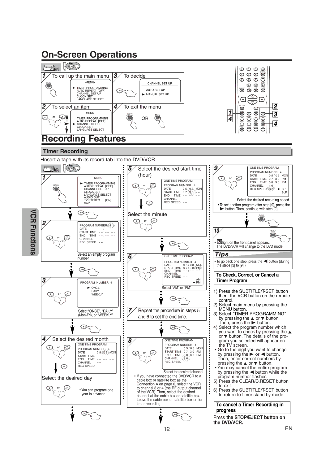 Sylvania CDVC90DP On-Screen Operations, Recording Features, Timer Recording, To Check, Correct, or Cancel a Timer Program 