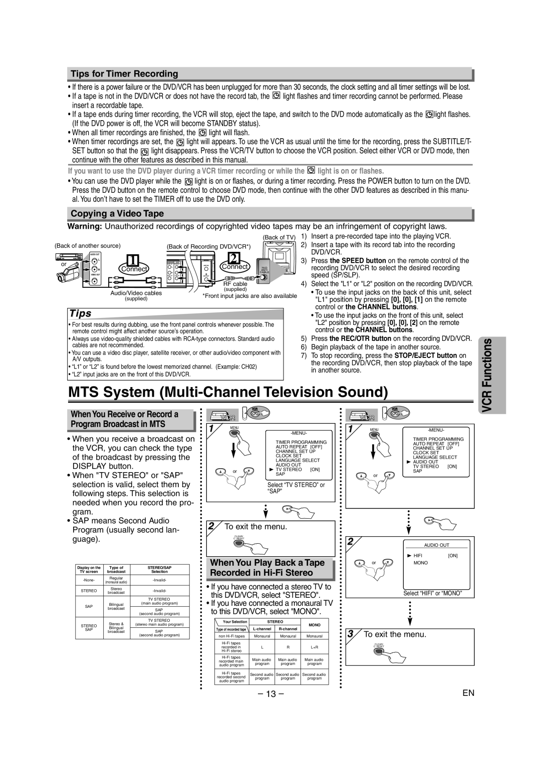 Sylvania CDVC90DP owner manual MTS System Multi-Channel Television Sound, Tips for Timer Recording, Copying a Video Tape 