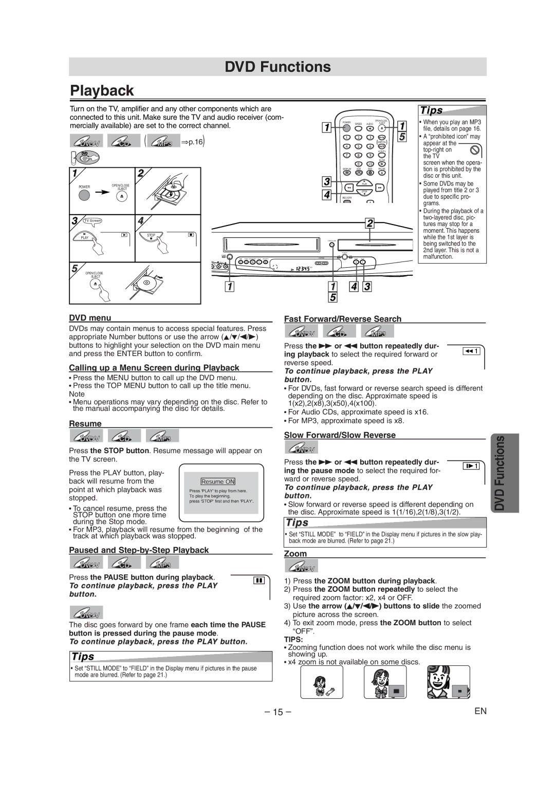 Sylvania CDVC90DP owner manual DVD Functions Playback 