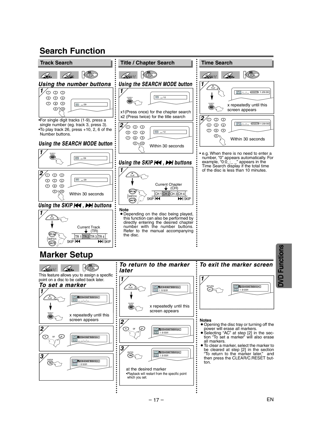 Sylvania CDVC90DP owner manual Search Function, Marker Setup 