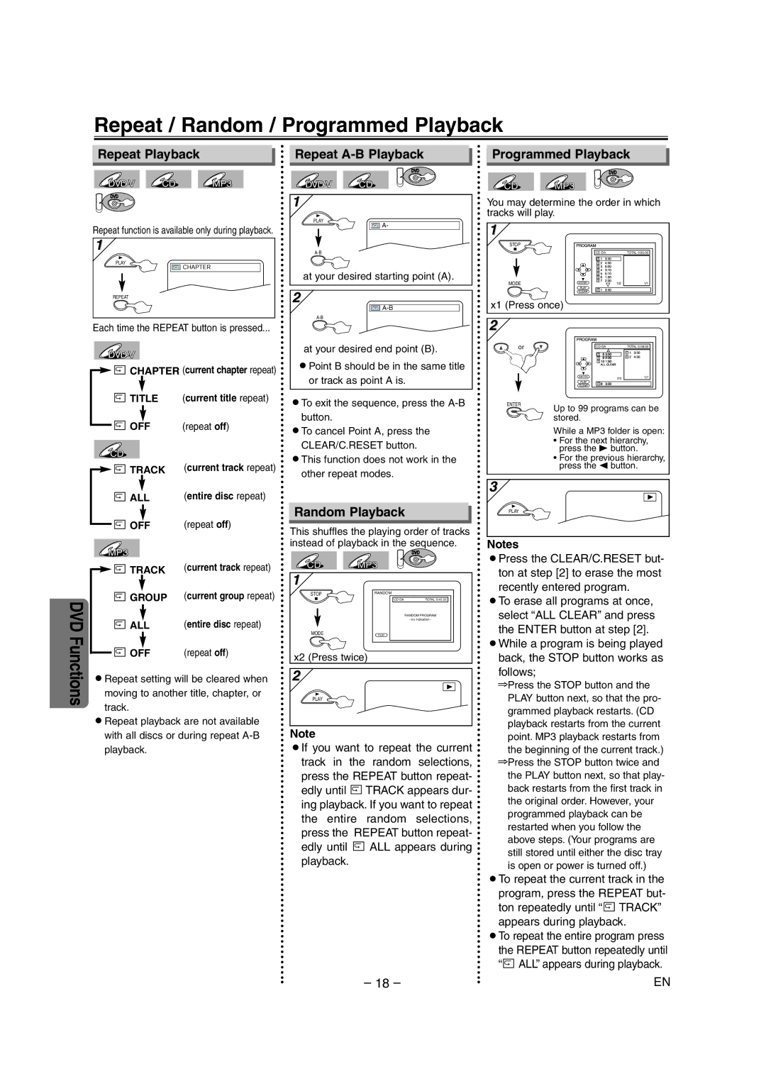 Sylvania CDVC90DP owner manual Repeat / Random / Programmed Playback, Repeat Playback, Repeat A-B Playback, Random Playback 