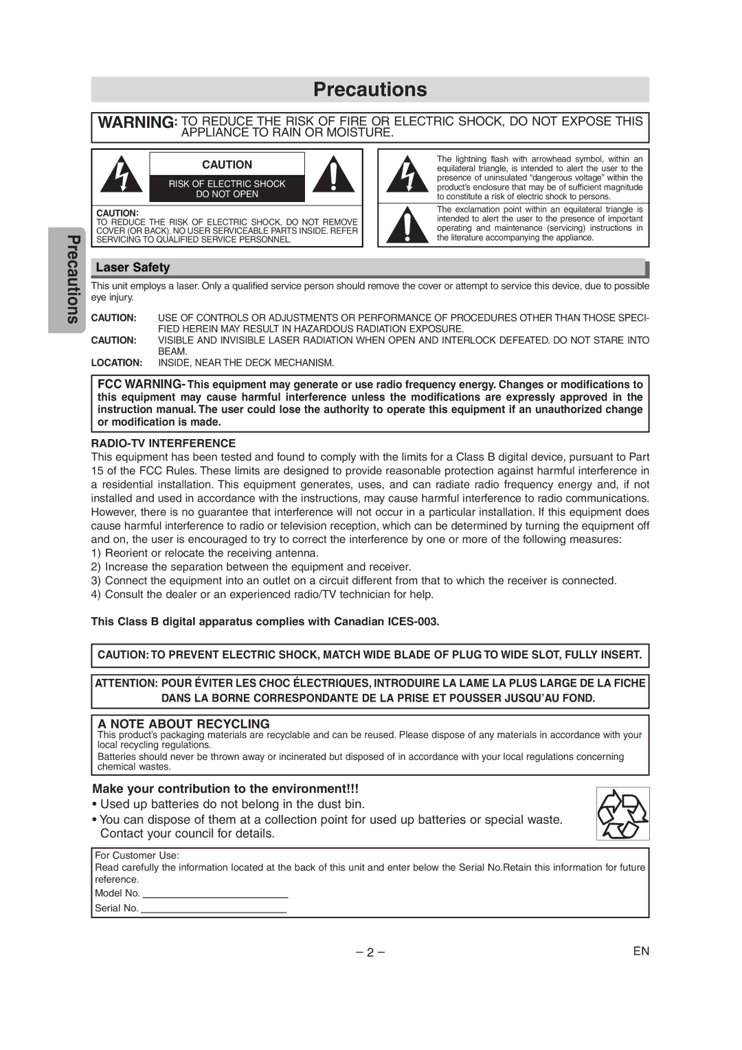 Sylvania CDVC90DP owner manual Precautions, Laser Safety, Make your contribution to the environment 