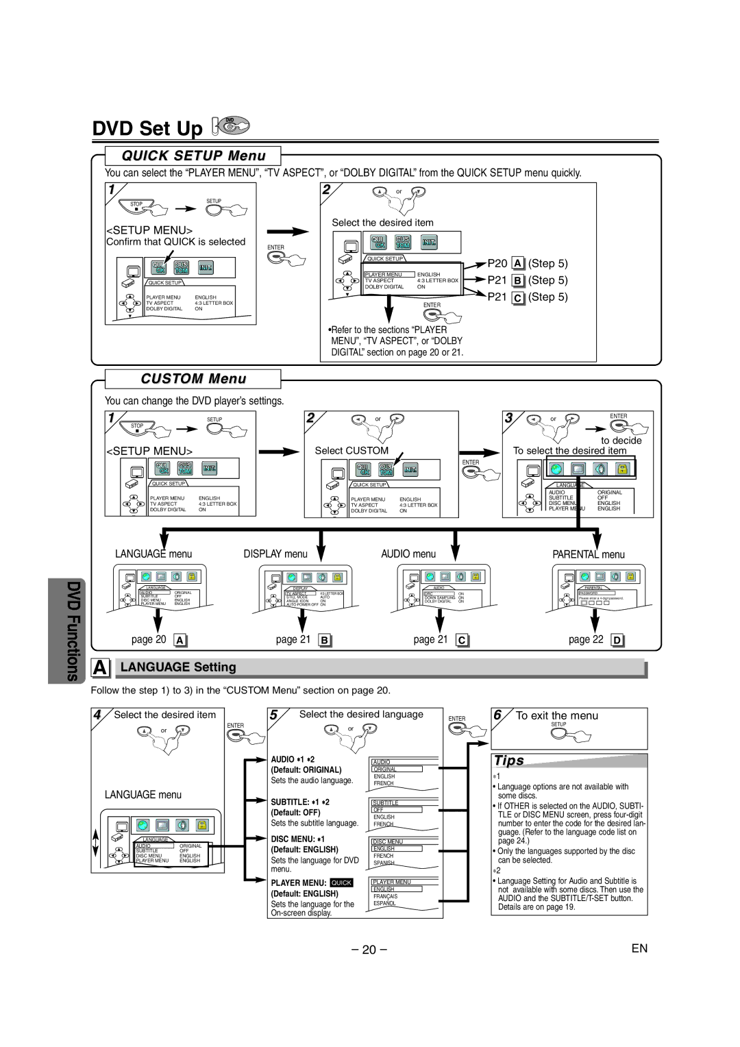 Sylvania CDVC90DP owner manual DVD Set Up, Quick Setup Menu, Custom Menu, Language Setting, 20 a 21 B 