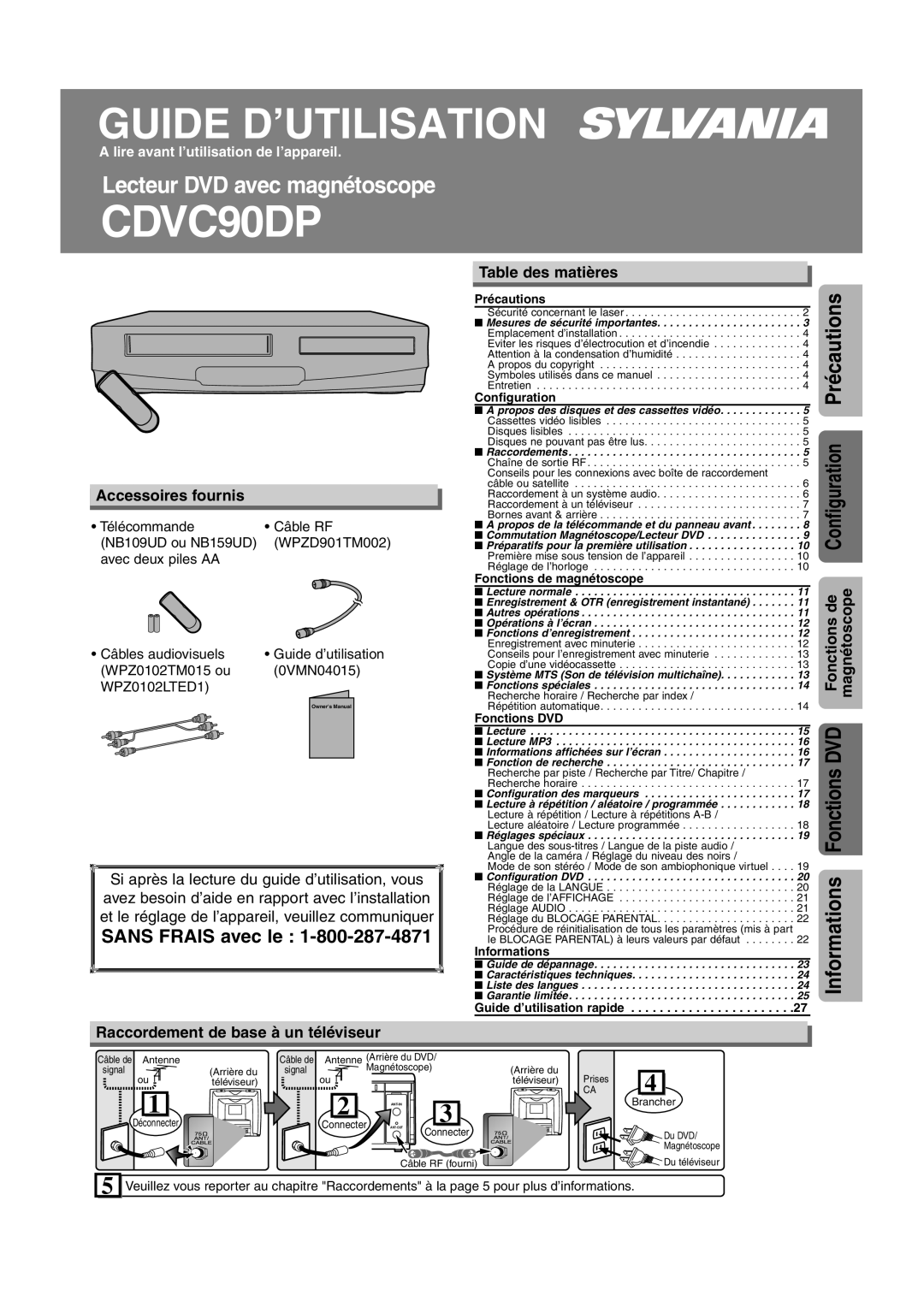 Sylvania CDVC90DP owner manual Accessoires fournis, Table des matières, Raccordement de base à un téléviseur 