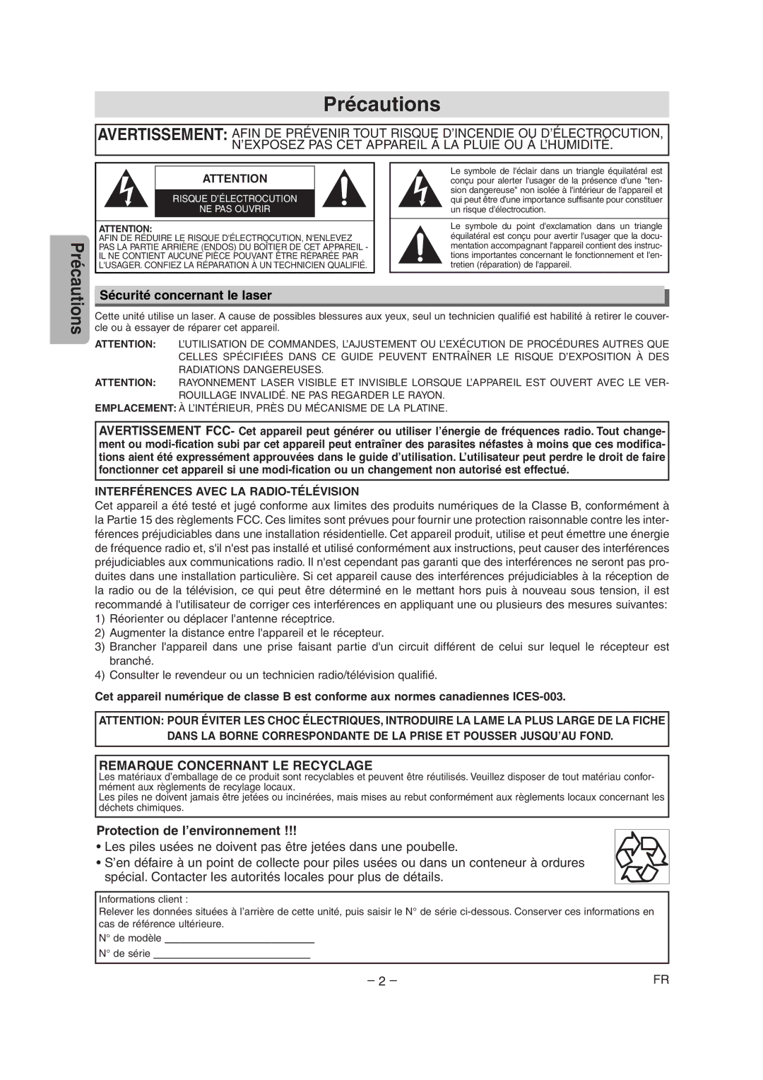 Sylvania CDVC90DP owner manual Précautions, Sécurité concernant le laser, Protection de l’environnement 