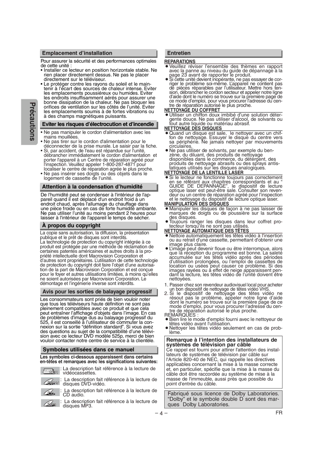 Sylvania CDVC90DP Emplacement d’installation, Eviter les risques d’électrocution et d’incendie, Propos du copyright 