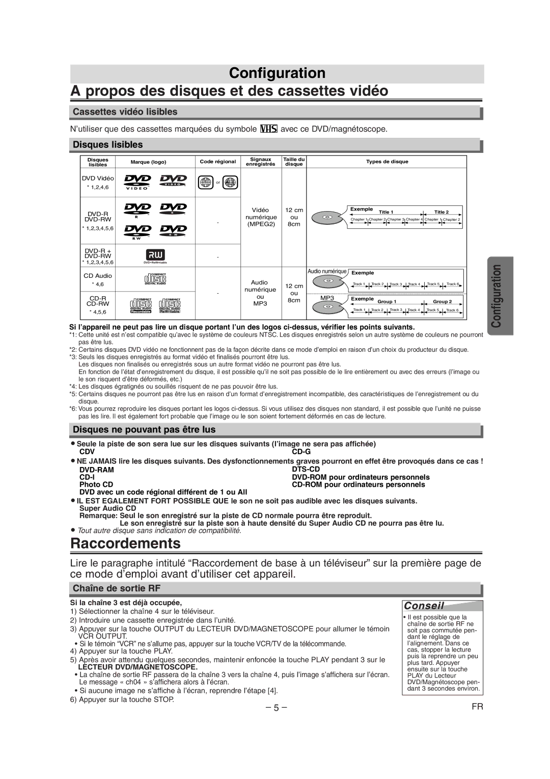 Sylvania CDVC90DP owner manual Configuration Propos des disques et des cassettes vidéo, Raccordements, Conseil 