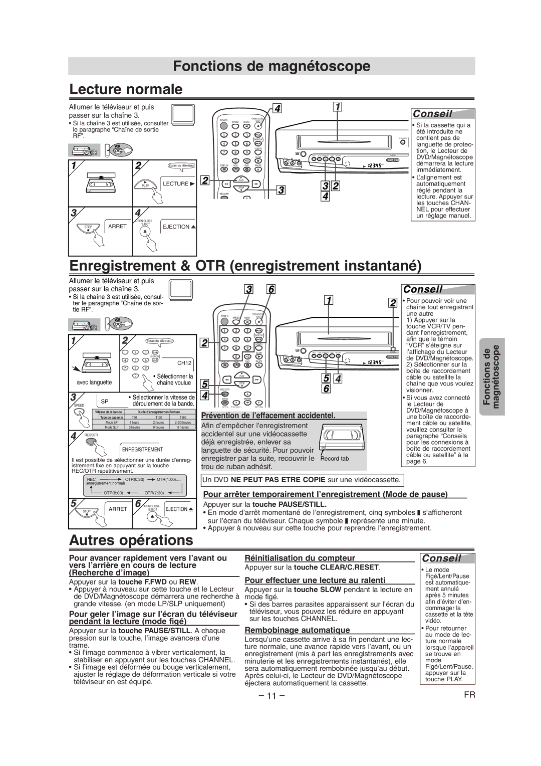 Sylvania CDVC90DP owner manual Fonctions de magnétoscope Lecture normale, Enregistrement & OTR enregistrement instantané 