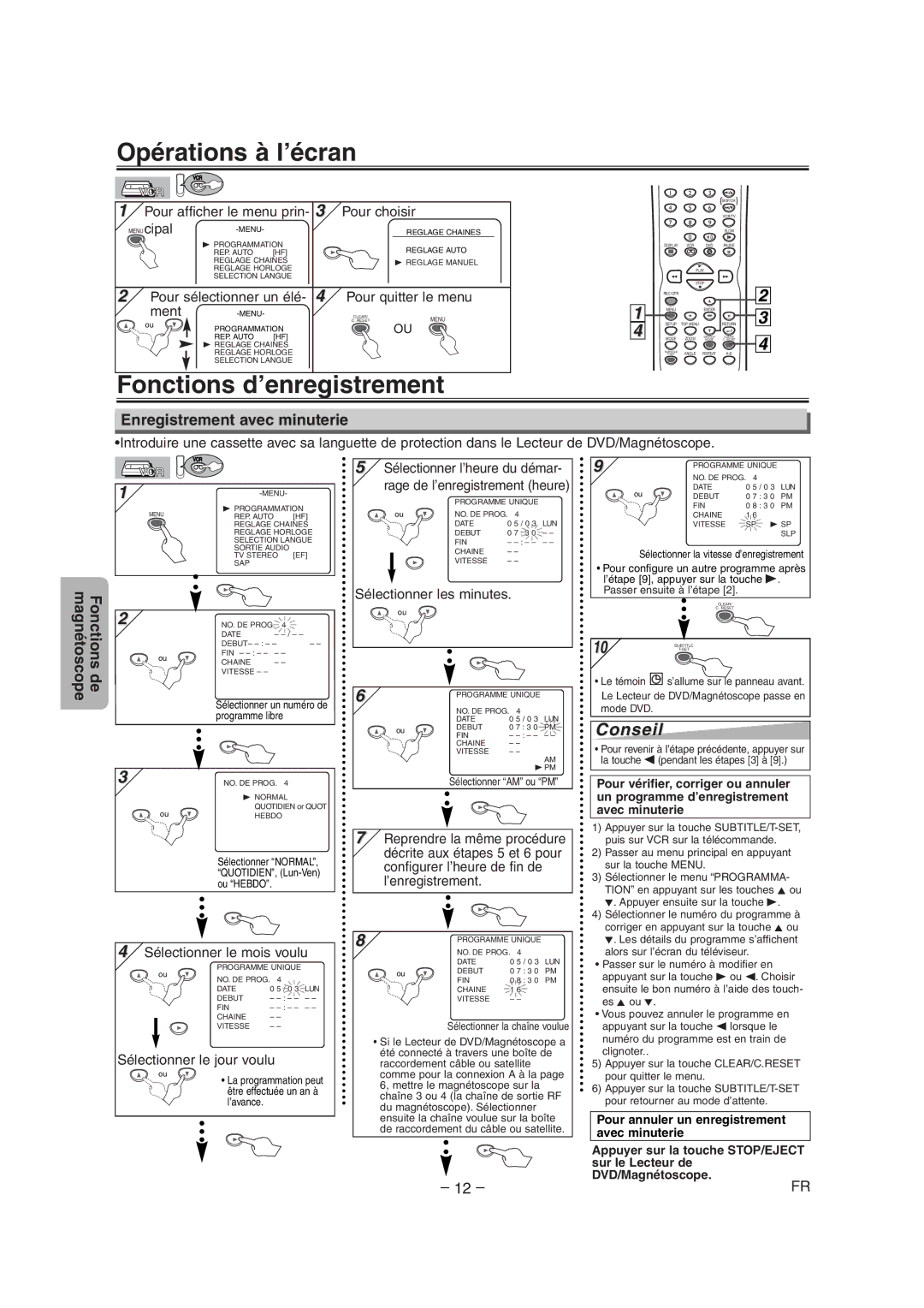 Sylvania CDVC90DP owner manual Opérations à l’écran, Fonctions d’enregistrement, Enregistrement avec minuterie 