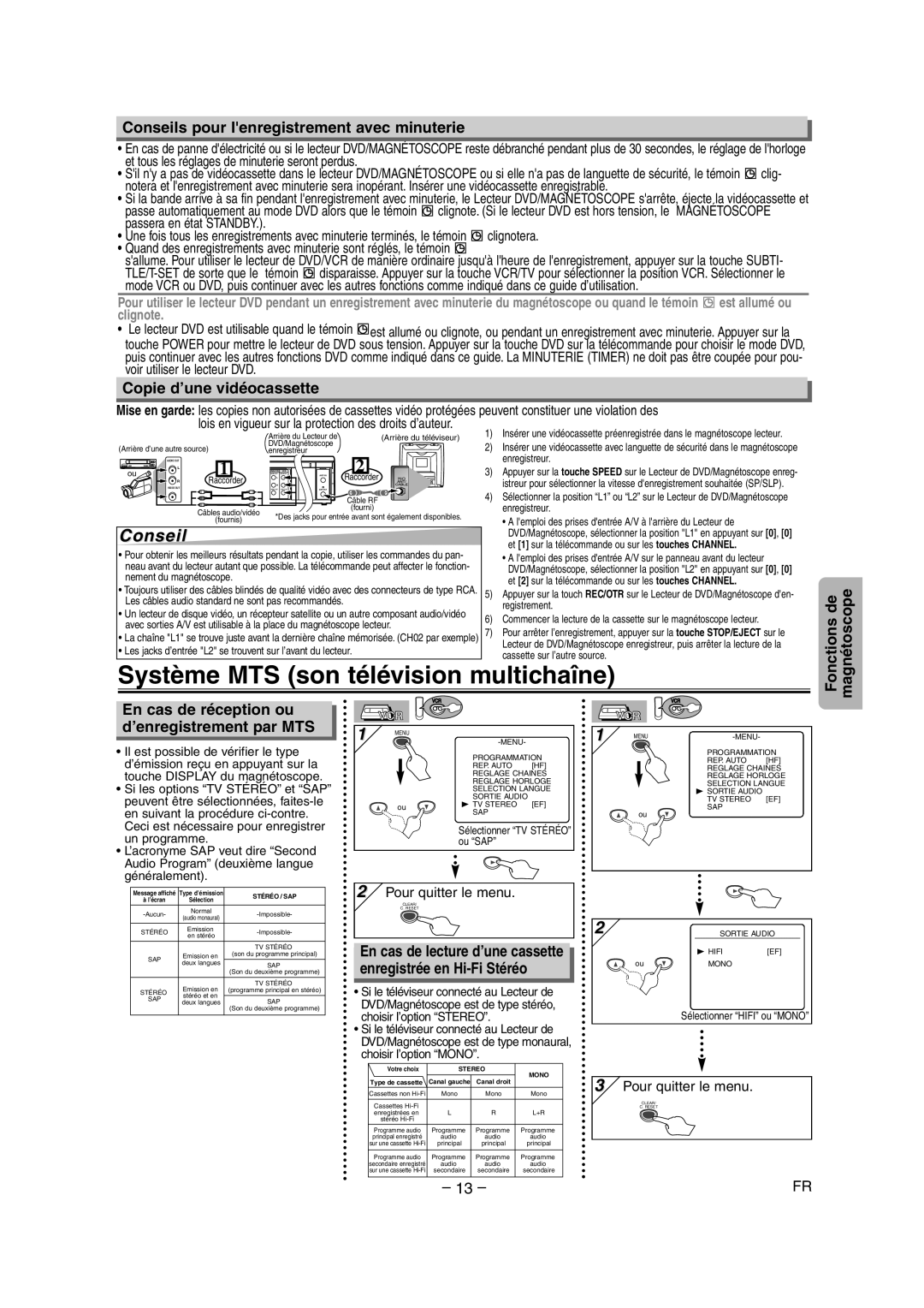 Sylvania CDVC90DP owner manual Système MTS son télévision multichaîne, Conseils pour lenregistrement avec minuterie 