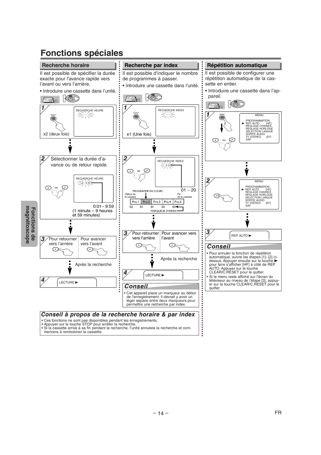 Sylvania CDVC90DP Fonctions spéciales, Conseil à propos de la recherche horaire & par index, Recherche par index 