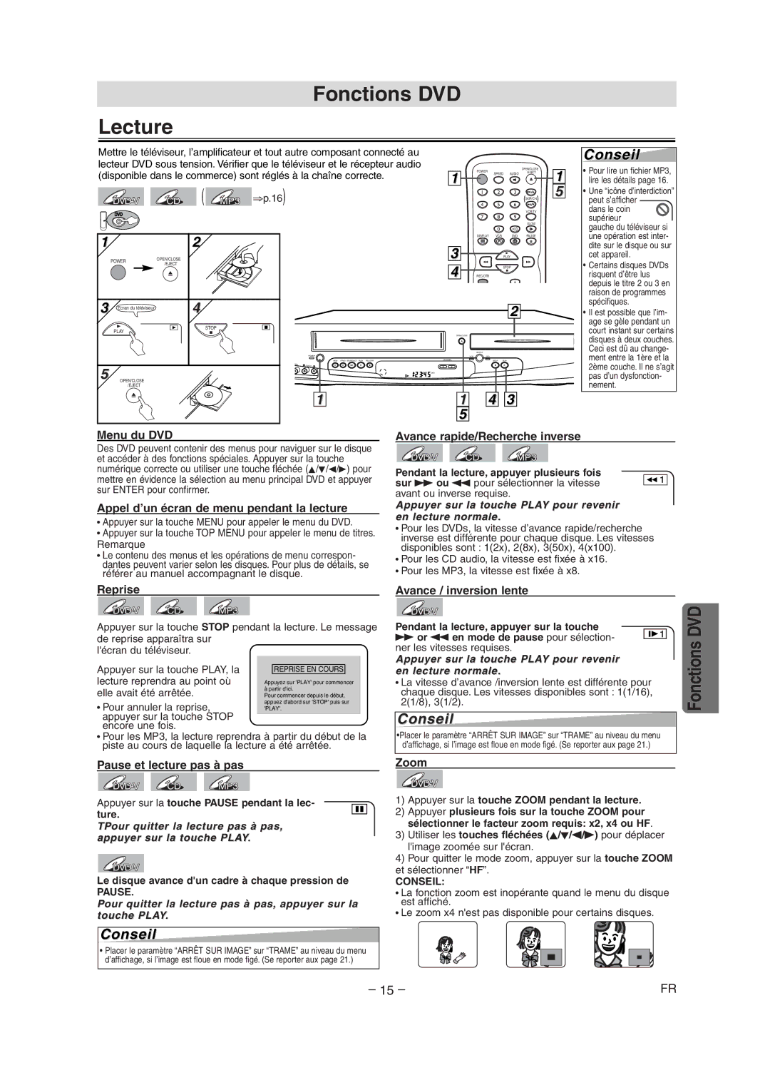 Sylvania CDVC90DP owner manual Fonctions DVD Lecture 