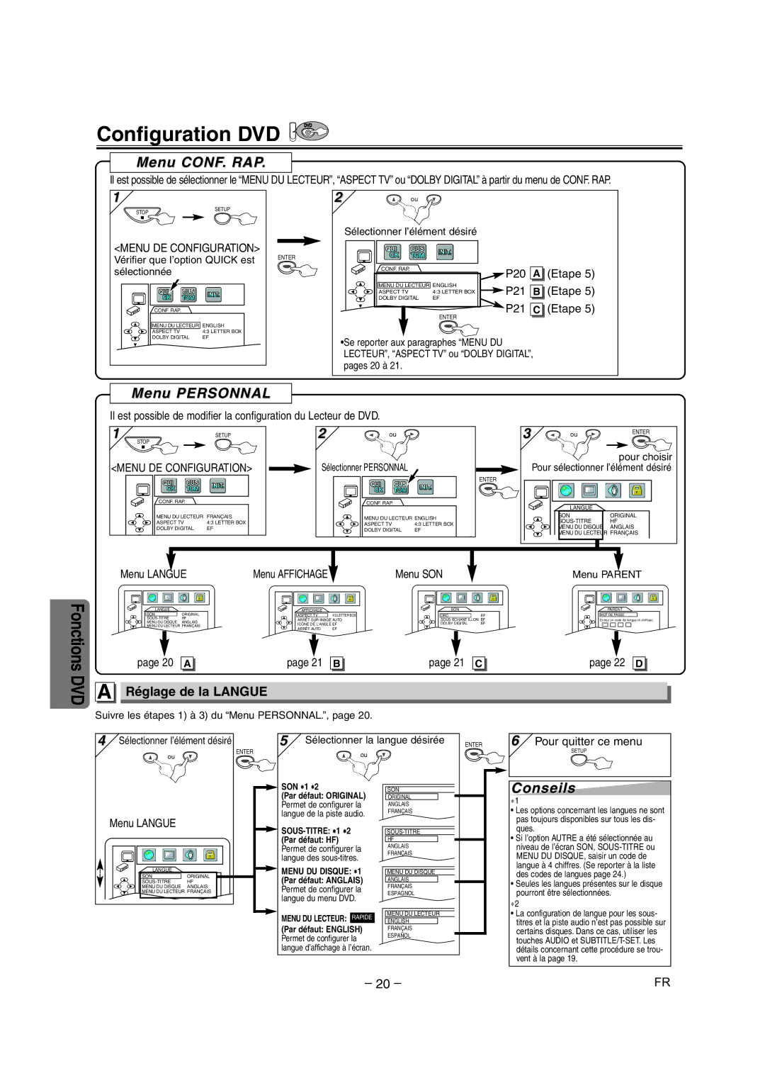 Sylvania CDVC90DP owner manual Configuration DVD, Menu CONF. RAP, Menu Personnal, Réglage de la Langue 