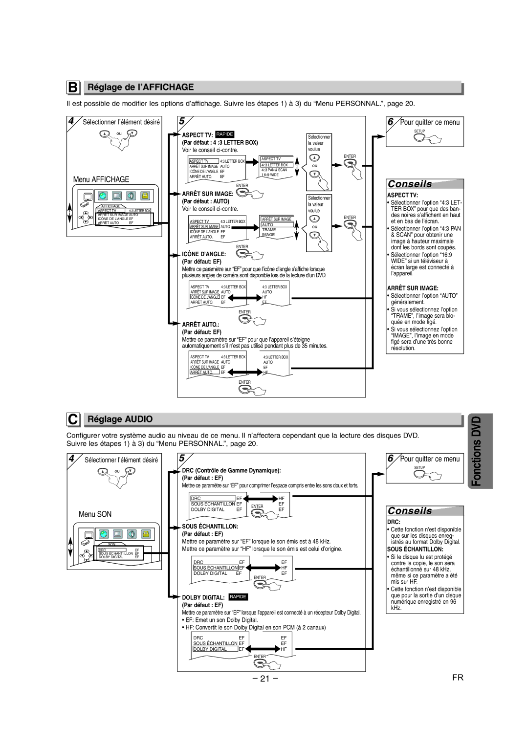 Sylvania CDVC90DP owner manual Réglage de l’AFFICHAGE, Réglage Audio, Pour quitter ce menu 