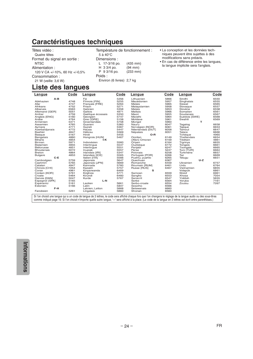 Sylvania CDVC90DP owner manual Caractéristiques techniques, Liste des langues 