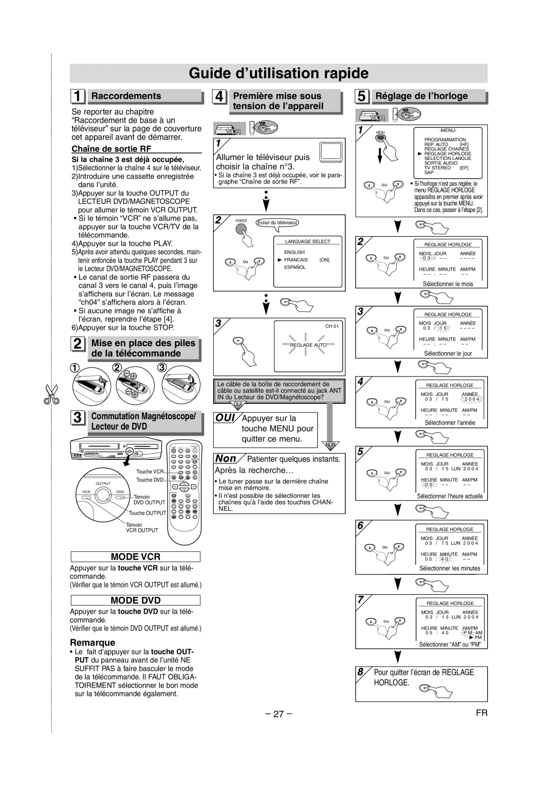 Sylvania CDVC90DP owner manual Guide d’utilisation rapide, Raccordements, Mise en place des piles, De la télécommande 