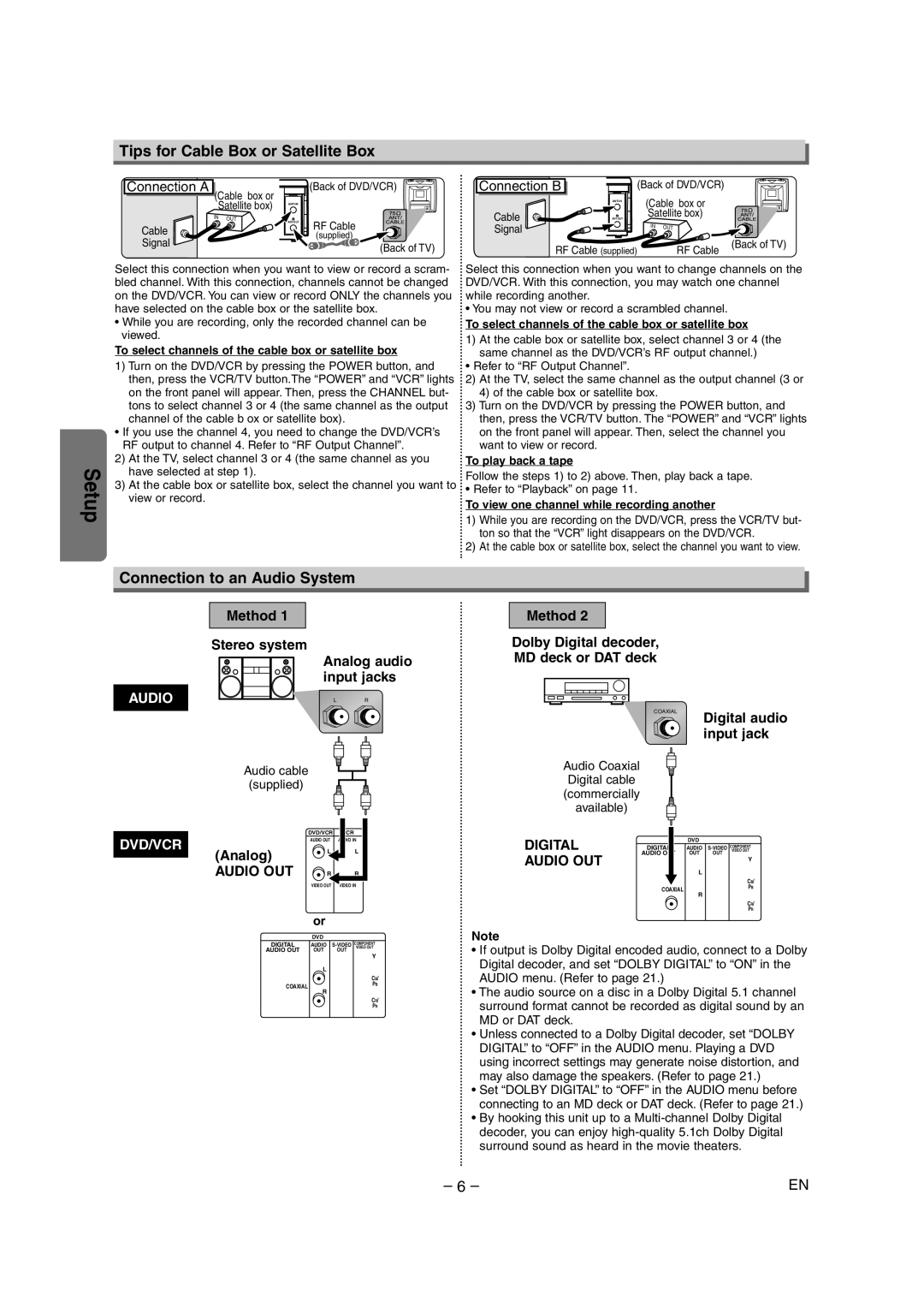 Sylvania CDVC90DP owner manual Tips for Cable Box or Satellite Box, Connection to an Audio System 