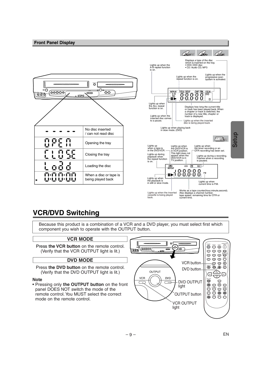 Sylvania CDVC90DP owner manual VCR/DVD Switching, Front Panel Display, Setup, VCR Output light 