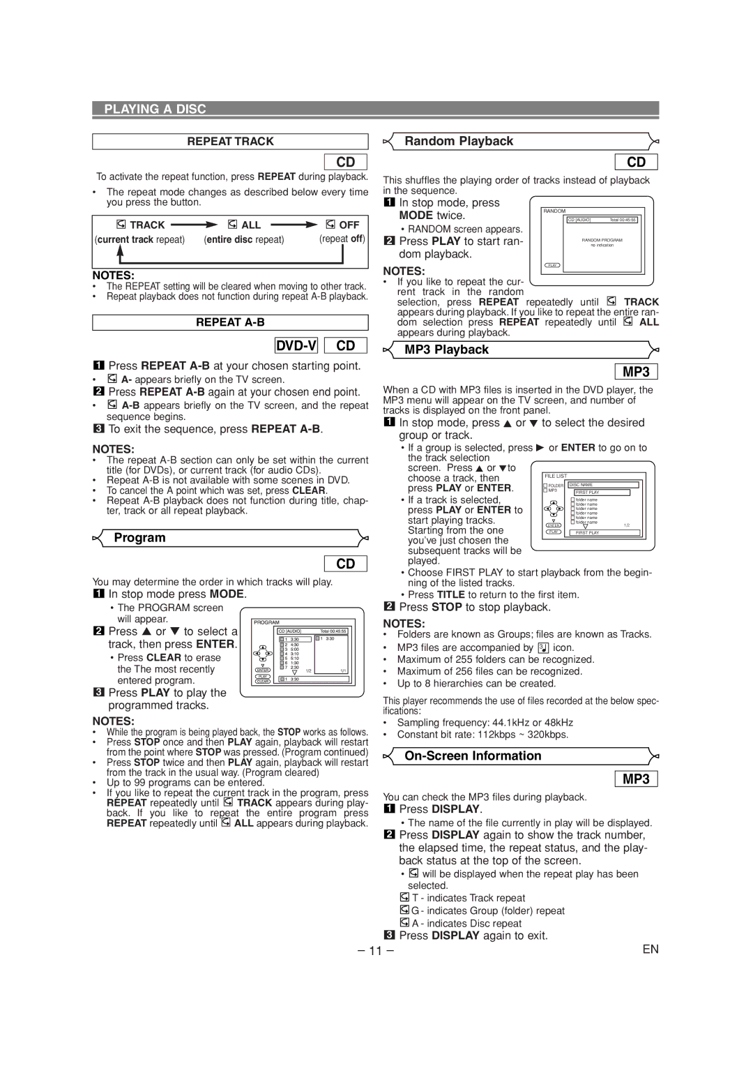 Sylvania CDVL100D owner manual Random Playback, MP3 Playback, Program, On-Screen Information 