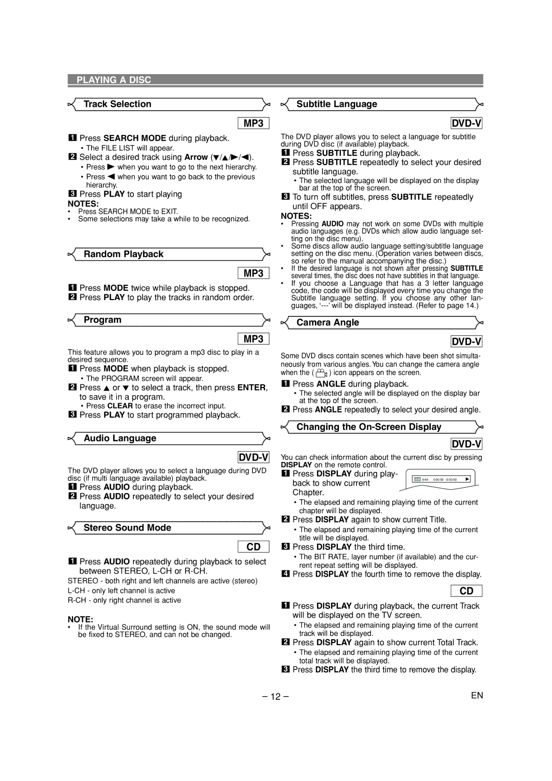 Sylvania CDVL100D Track Selection, Audio Language, Stereo Sound Mode, Camera Angle, Changing the On-Screen Display 