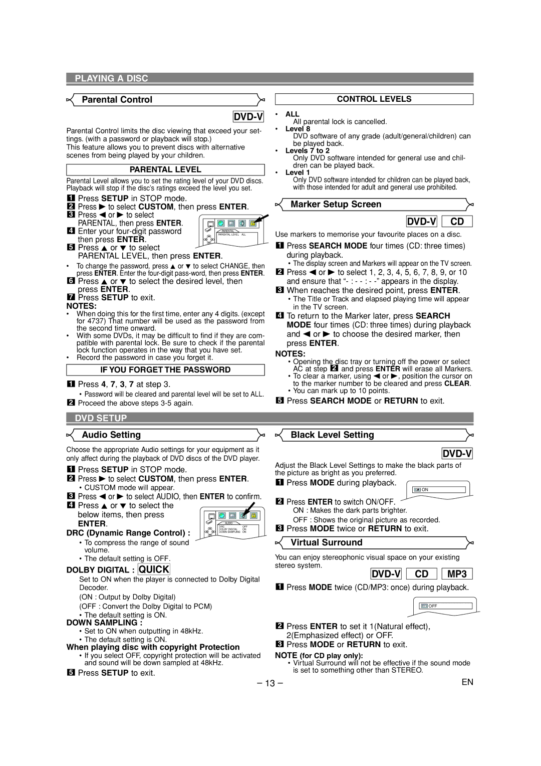 Sylvania CDVL100D Parental Control, Marker Setup Screen, DVD Setup, Audio Setting Black Level Setting, Virtual Surround 