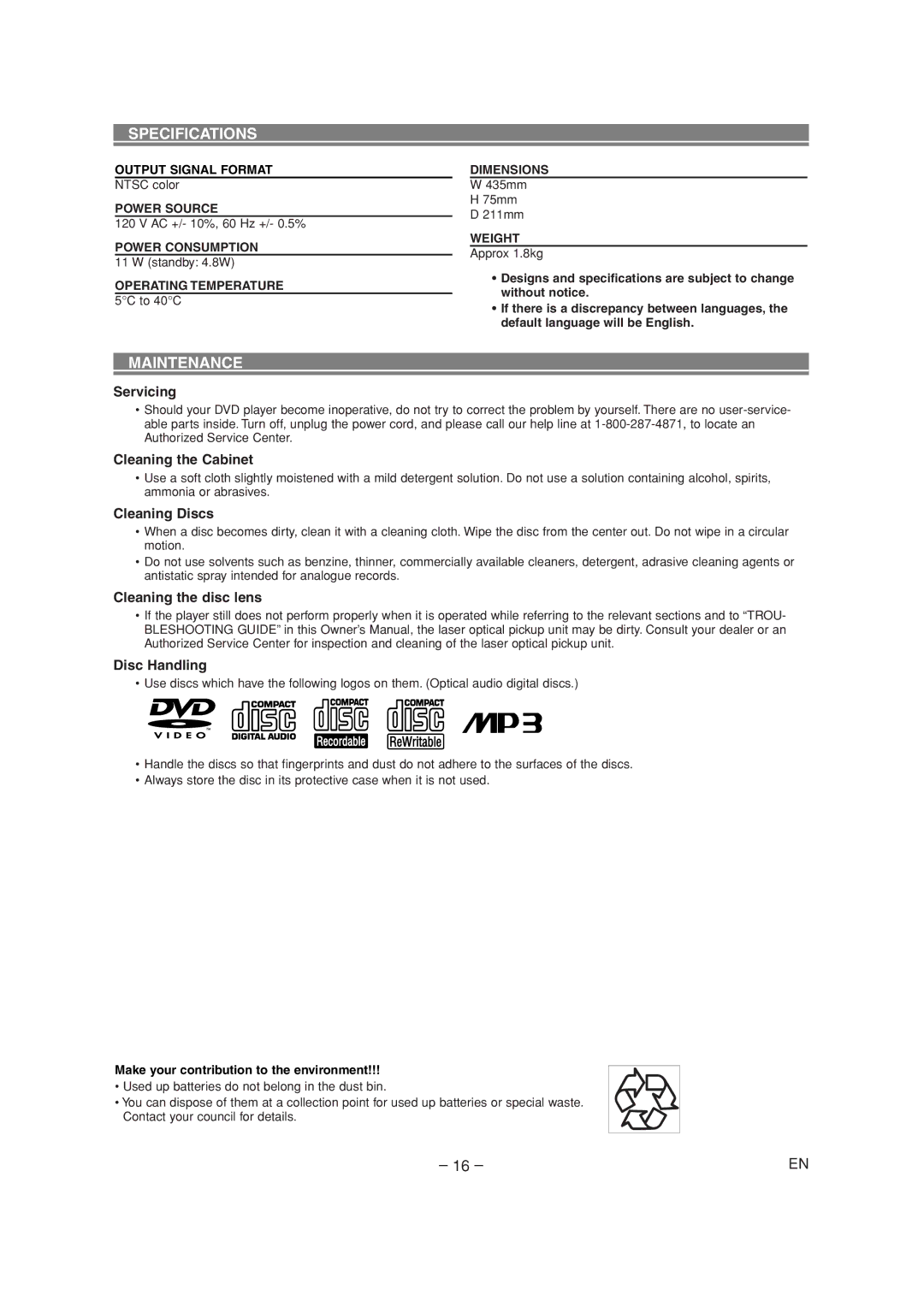 Sylvania CDVL100D owner manual Specifications, Maintenance 