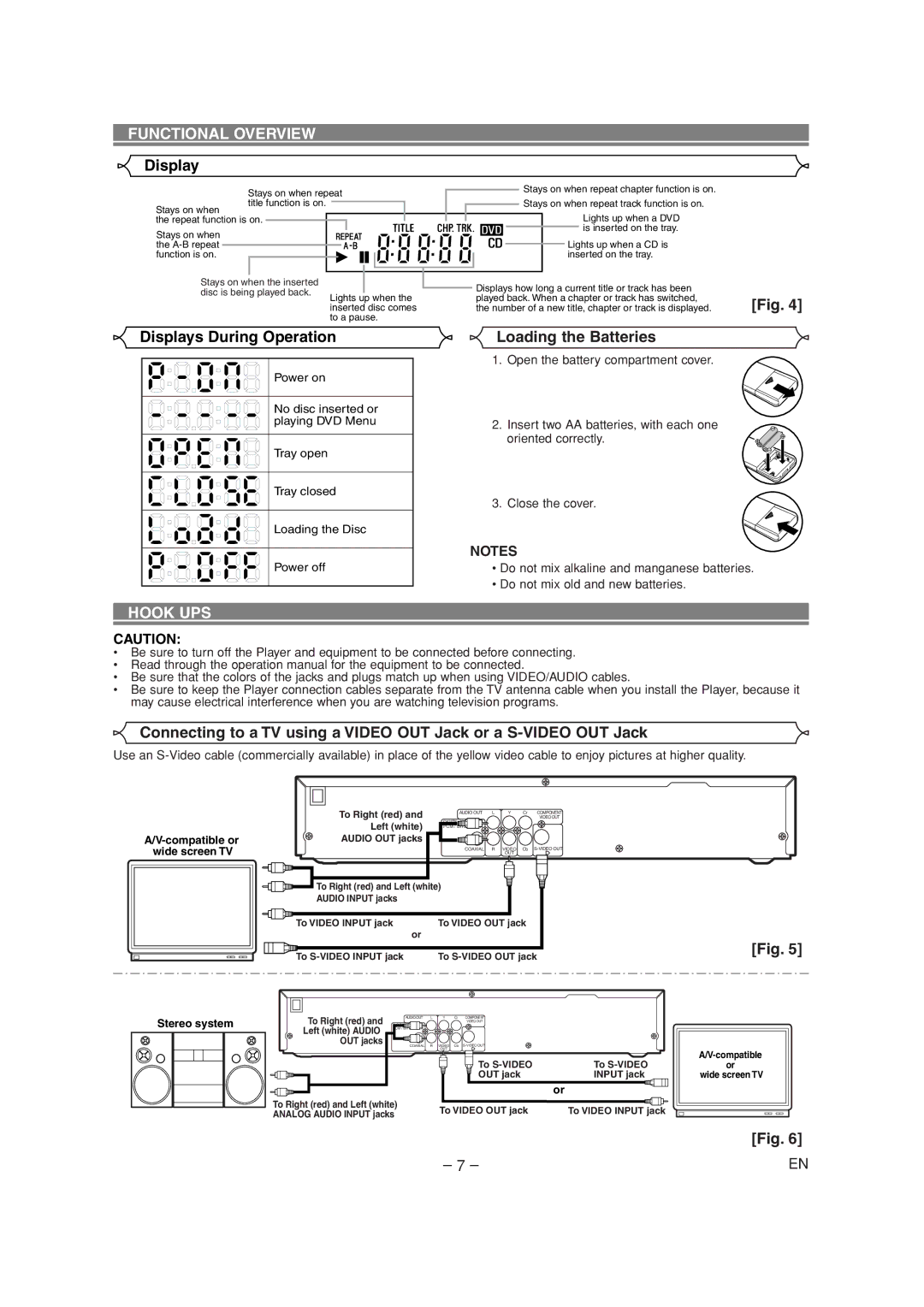 Sylvania CDVL100D owner manual Displays During Operation, Loading the Batteries, Hook UPS 