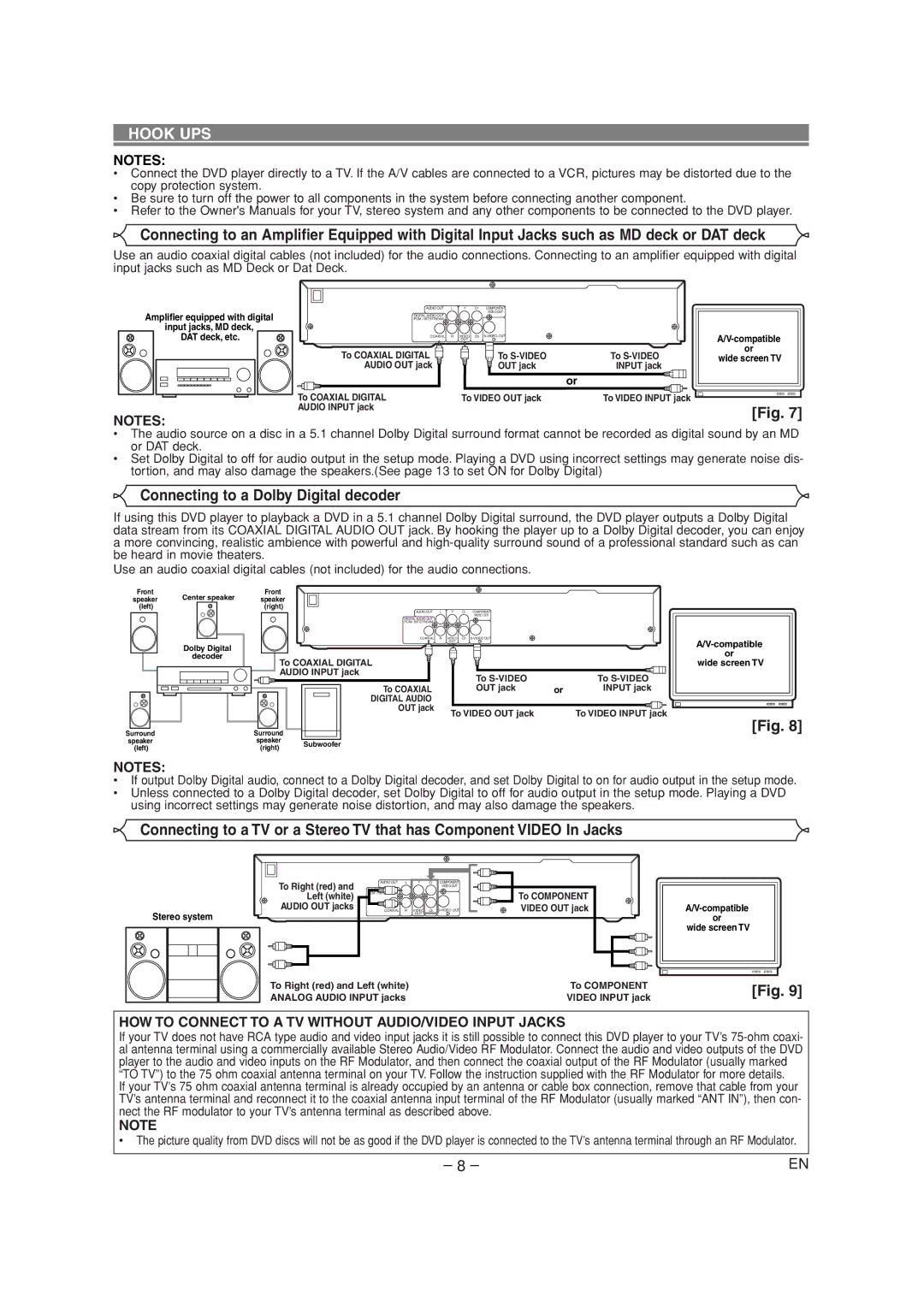 Sylvania CDVL100D Connecting to a Dolby Digital decoder, HOW to Connect to a TV Without AUDIO/VIDEO Input Jacks 