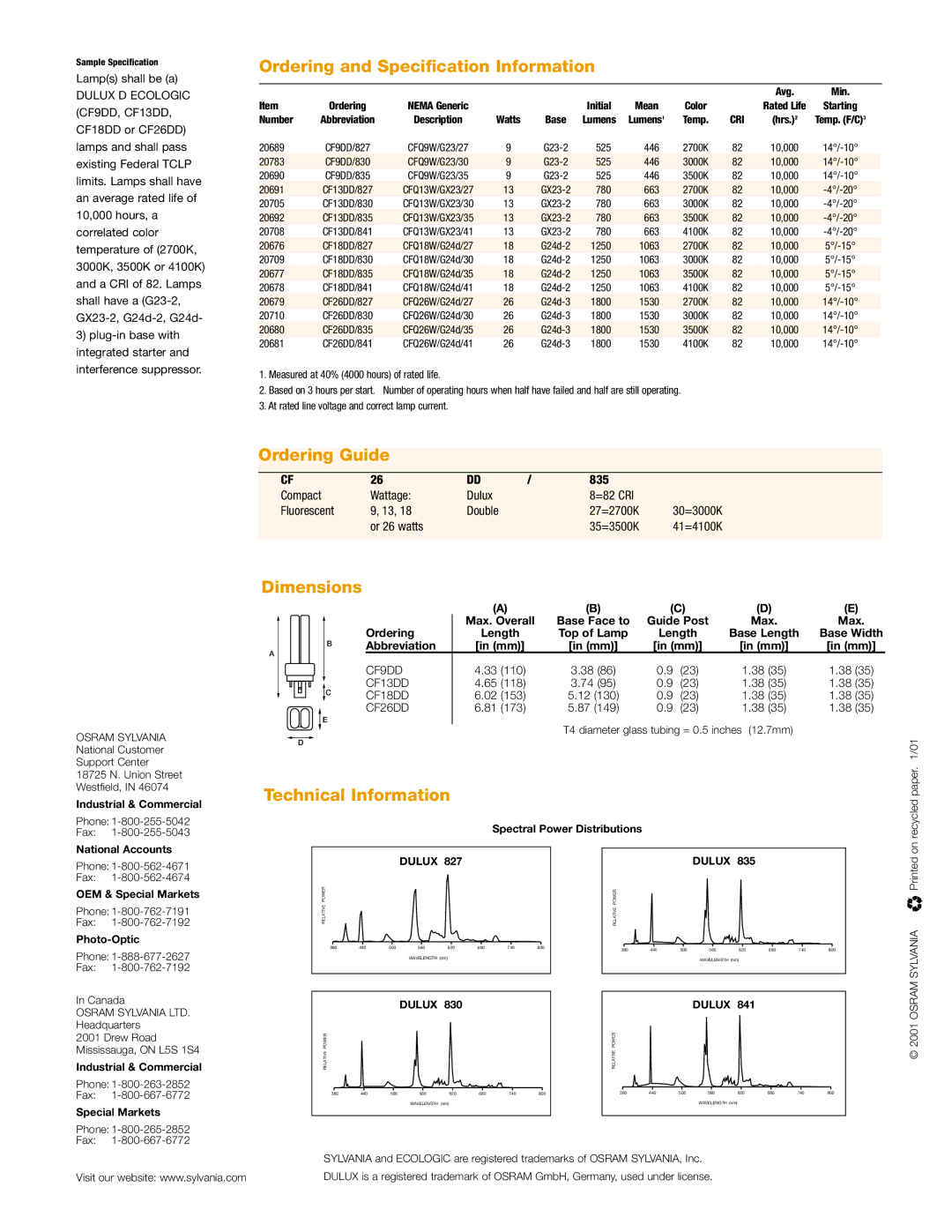 Sylvania CF18DD, CF9DD, CF13DD Ordering and Speciﬁcation Information, Ordering Guide, Dimensions, Technical Information 