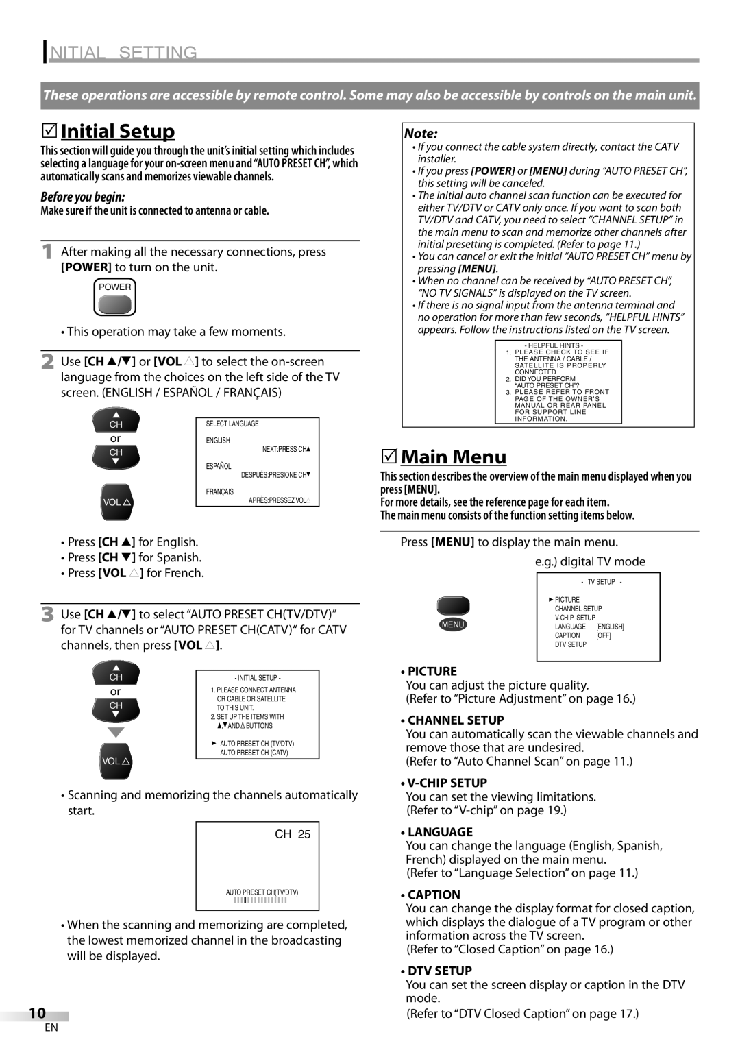 Sylvania CR130SL8 owner manual Initial Setting, Initial Setup, Main Menu 