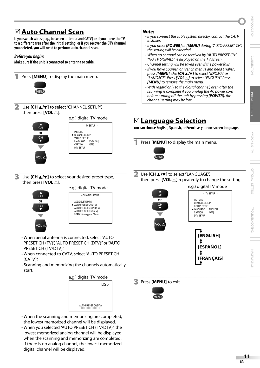 Sylvania CR130SL8 owner manual Auto Channel Scan, Language Selection, English Español Français 