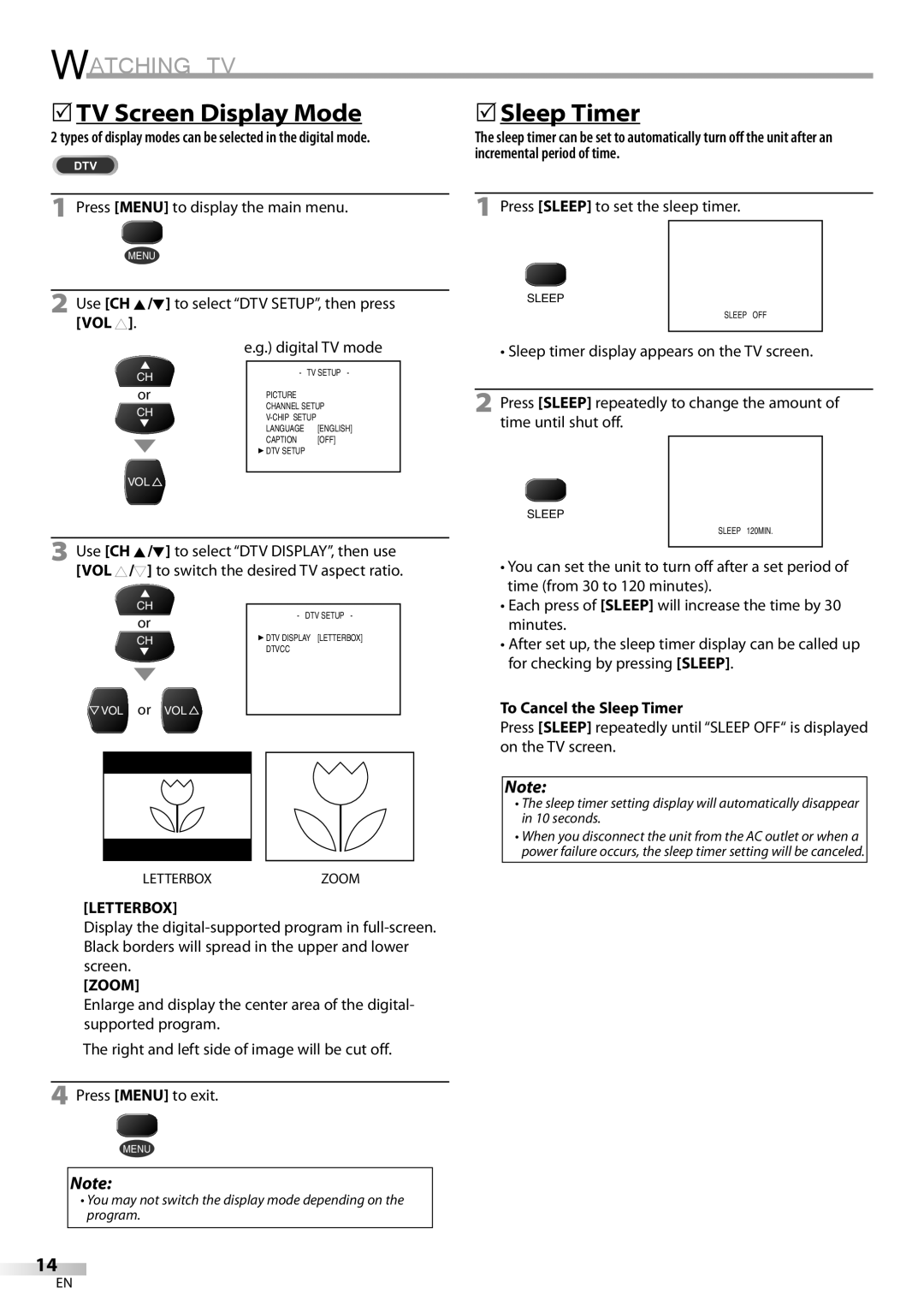 Sylvania CR130SL8 owner manual TV Screen Display Mode, To Cancel the Sleep Timer, Letterbox, Zoom 