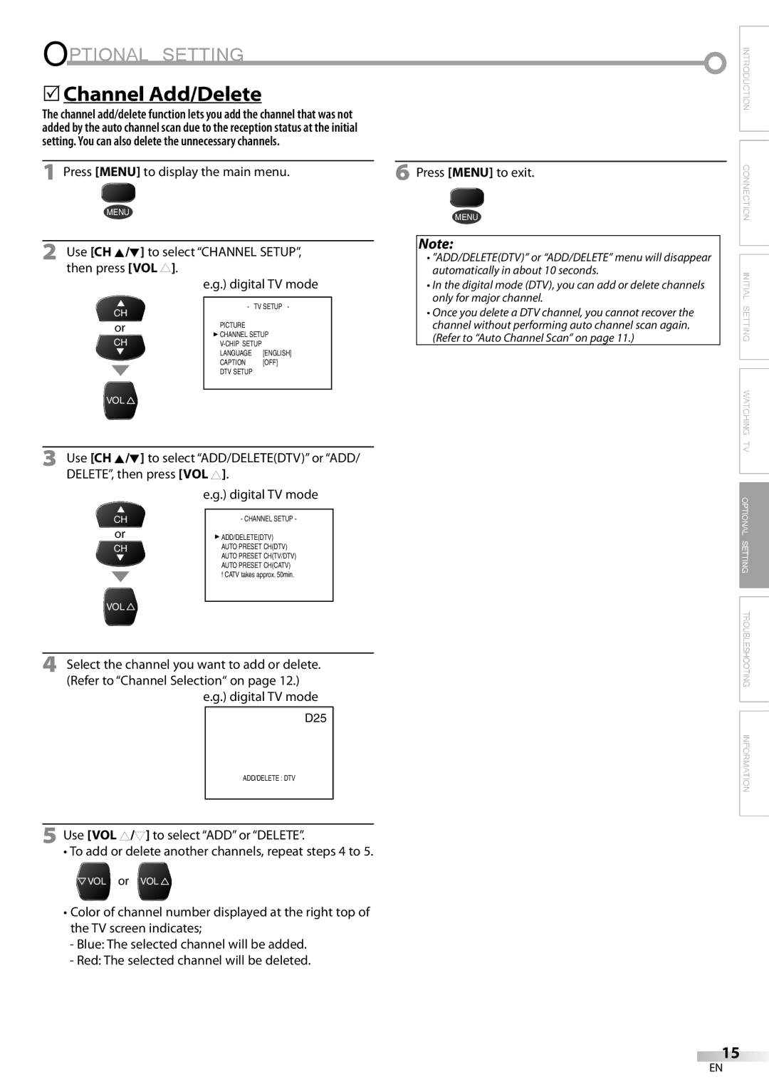 Sylvania CR130SL8 owner manual Optional Setting, Channel Add/Delete 