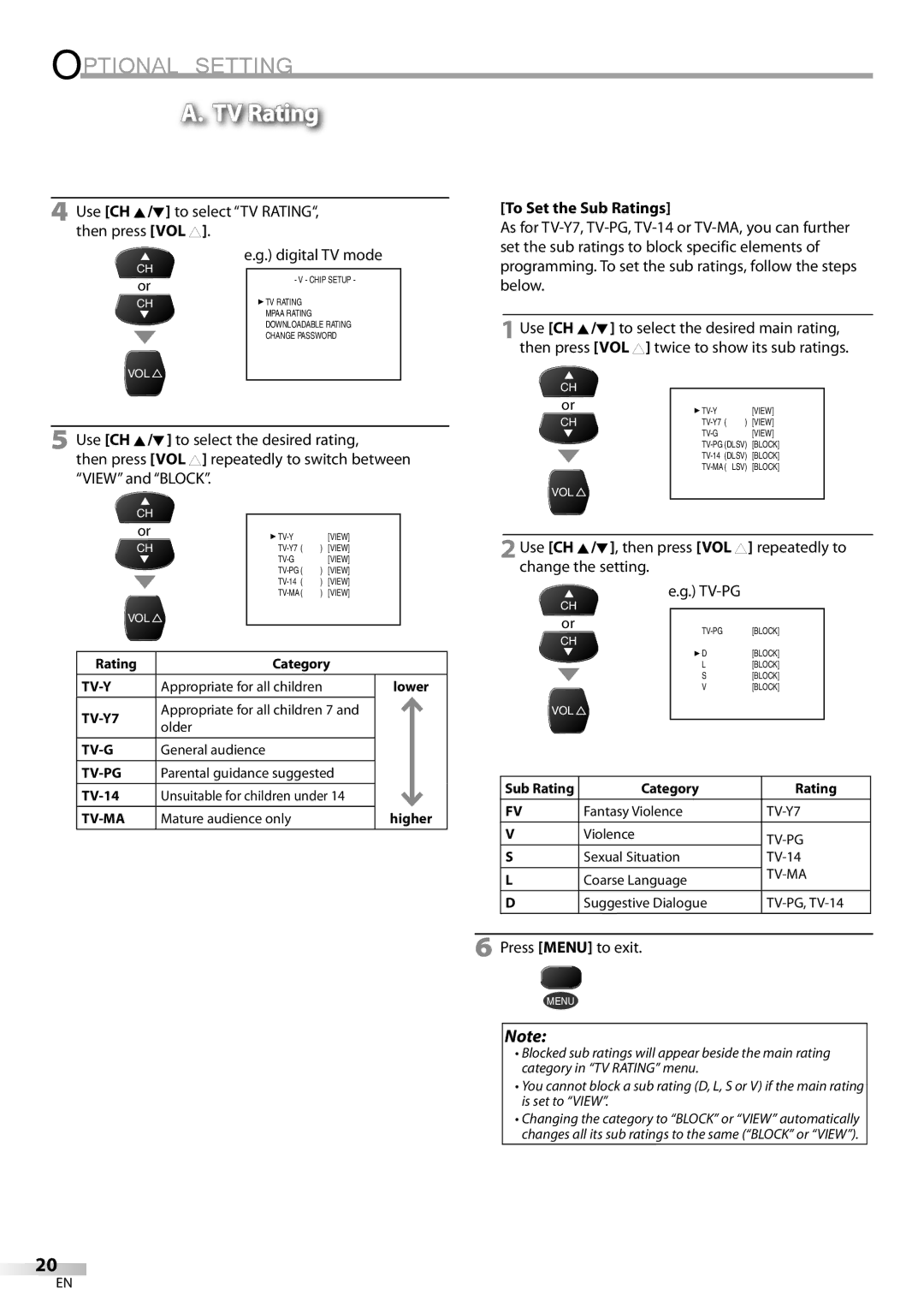 Sylvania CR130SL8 owner manual TV Rating, To Set the Sub Ratings 