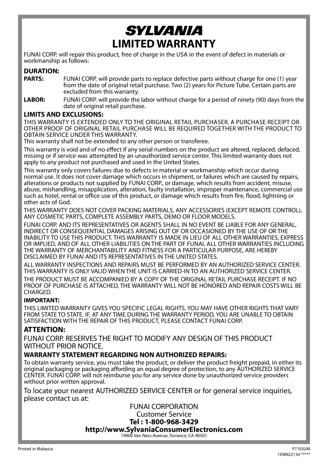 Sylvania CR130SL8 owner manual Limited Warranty 